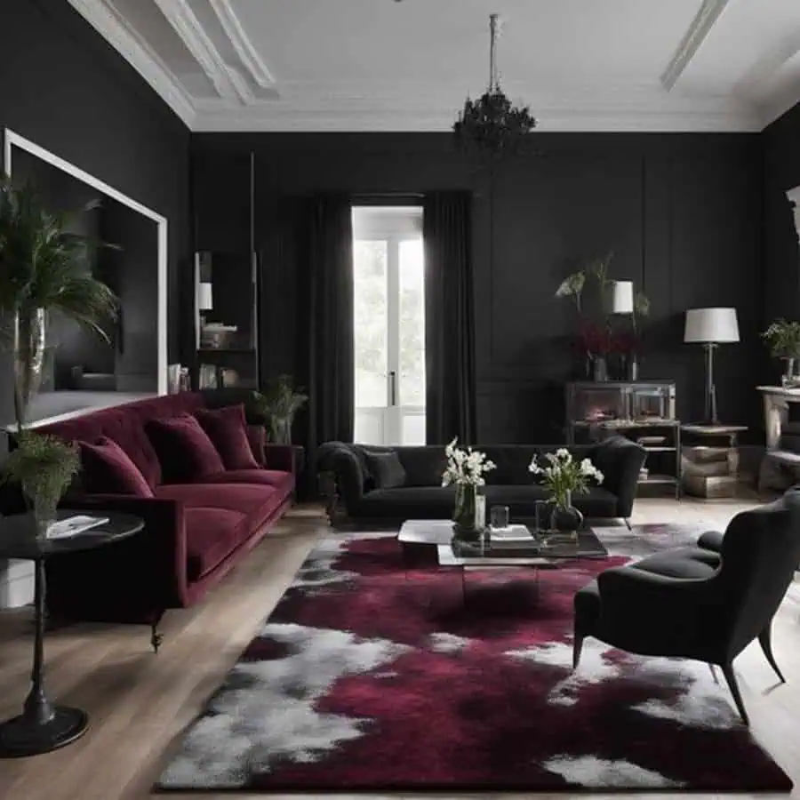 Sophisticated living room with dark walls, burgundy sofa, and a modern rug featuring red and gray tones.