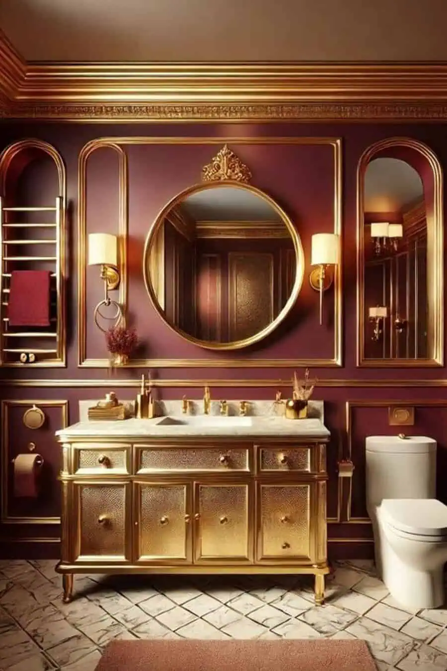 Luxurious bathroom with gold accents, featuring a round mirror, ornate vanity, marble countertop, and elegant burgundy walls.