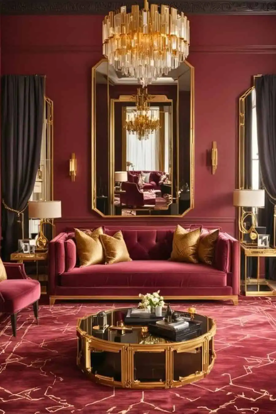 Luxurious living room with burgundy walls, gold accents, an elegant chandelier, and matching furniture.