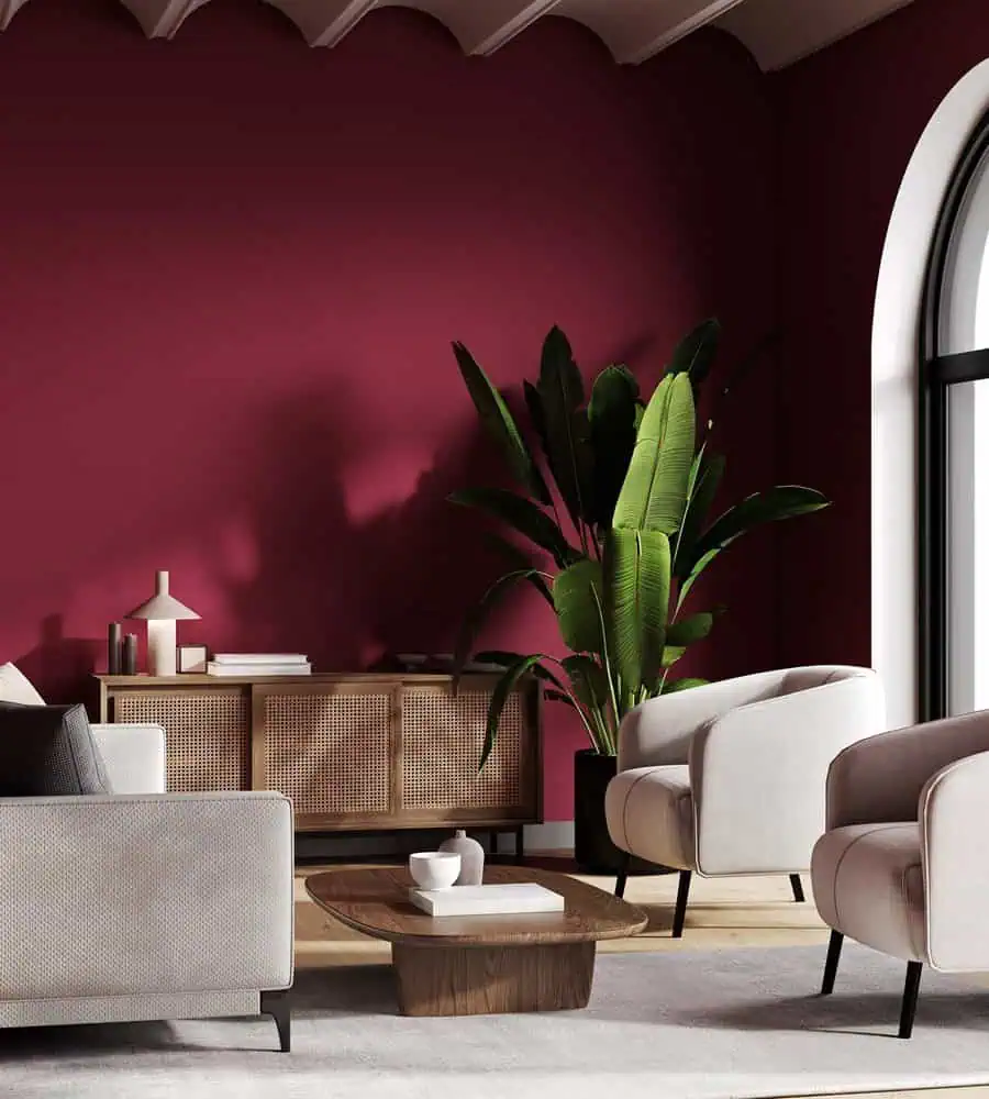 Modern living room with burgundy walls, minimalist furniture, and a large indoor plant by the window.