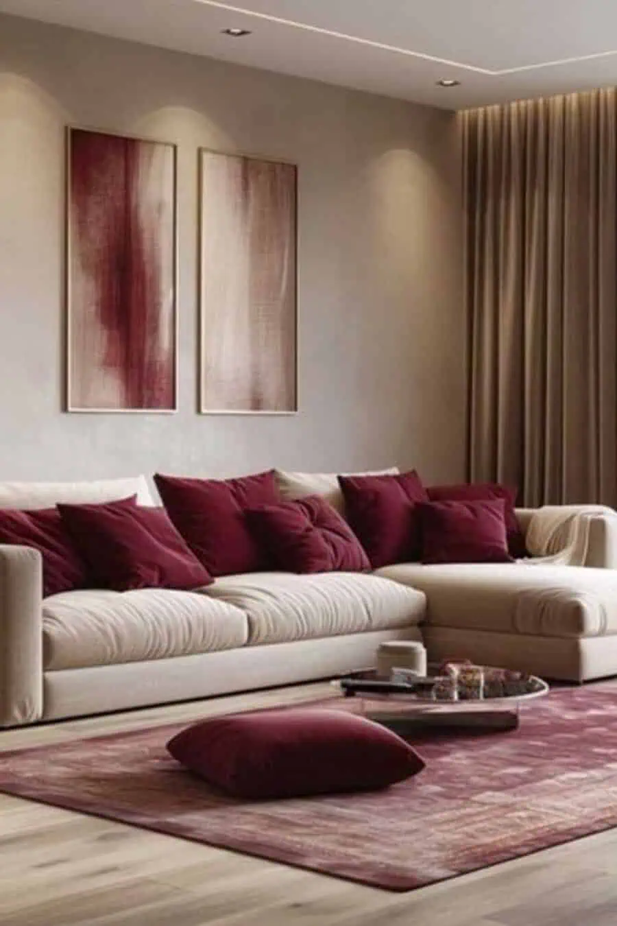 Modern living room with a beige sectional sofa, burgundy pillows, abstract wall art, and a matching rug.