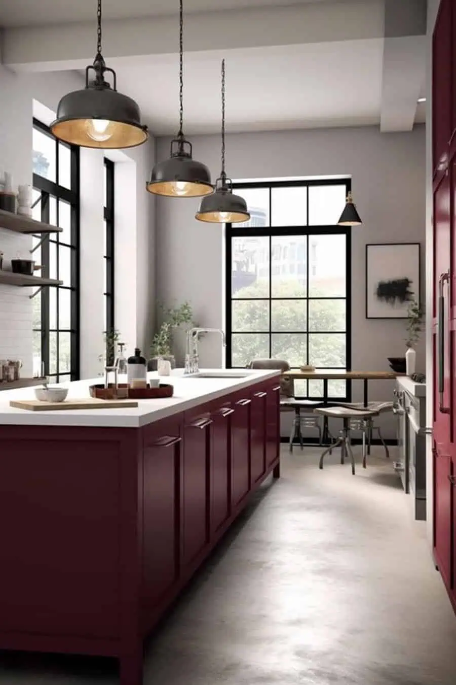 Industrial-style kitchen with burgundy cabinets, large windows, and hanging pendant lights above the island.