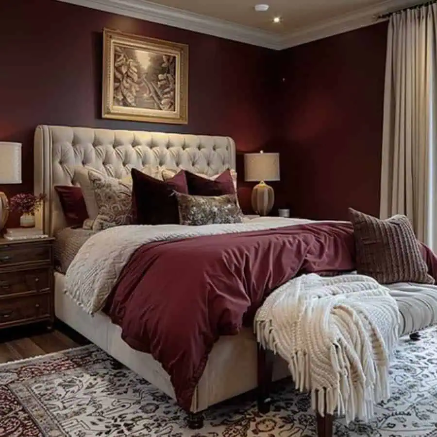 Luxurious bedroom with a tufted headboard, burgundy walls, layered bedding, and elegant decor.