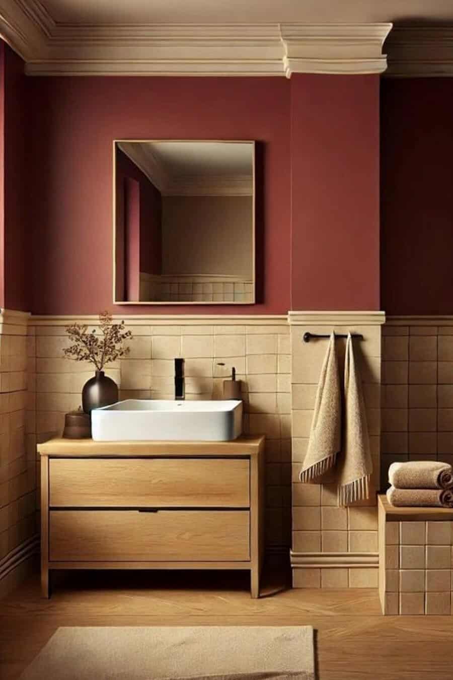 Modern bathroom with burgundy walls, beige tiles, and a wooden vanity with a minimalist design.