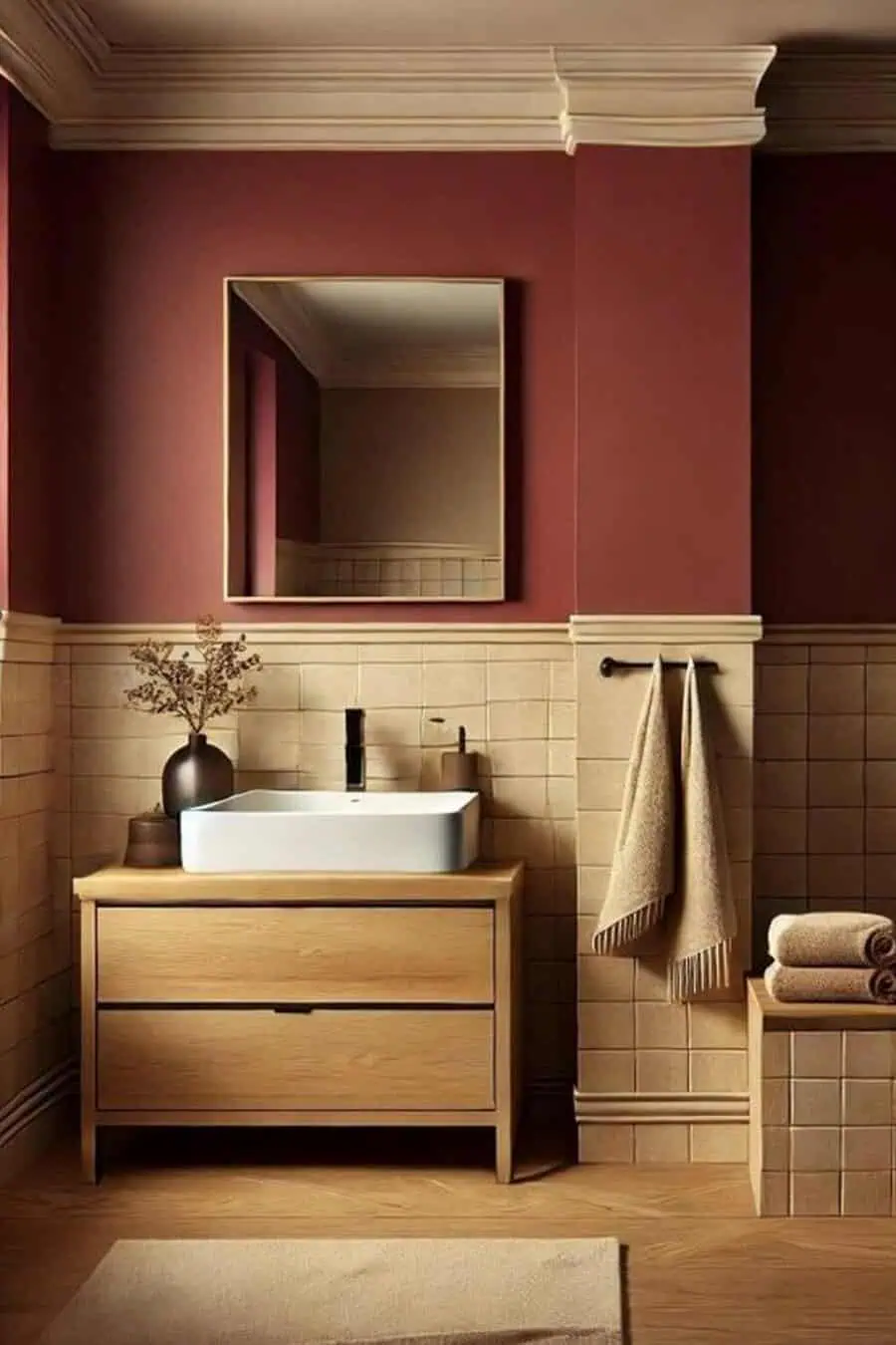 Modern bathroom with burgundy walls, beige tiles, and a wooden vanity with a minimalist design.