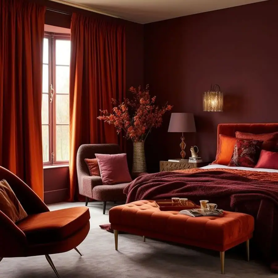 Richly decorated bedroom with deep burgundy walls, orange accents, and luxurious fabrics throughout.