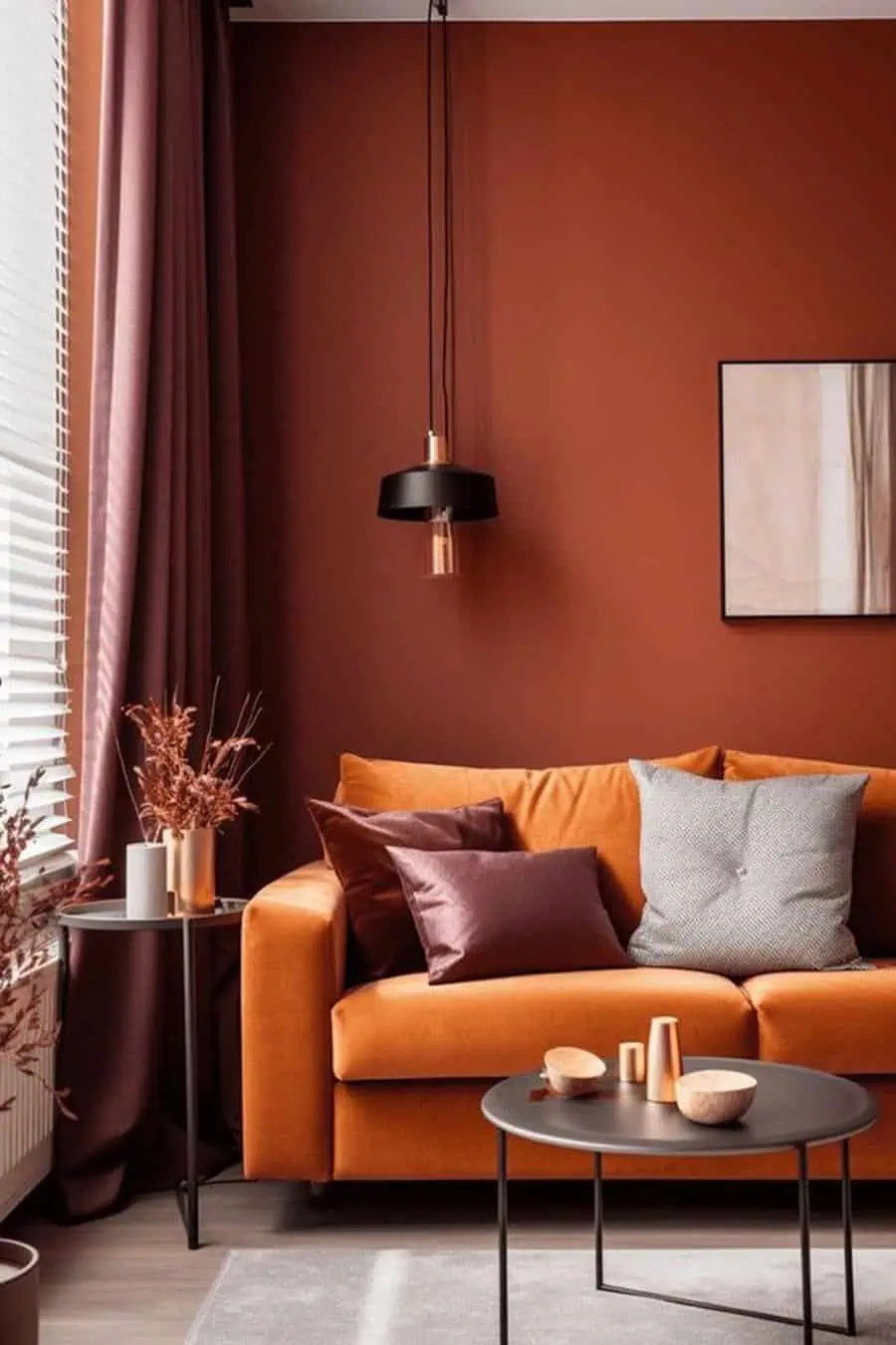 Modern living room with burnt orange walls, a matching sofa, and minimalist decor in warm tones.