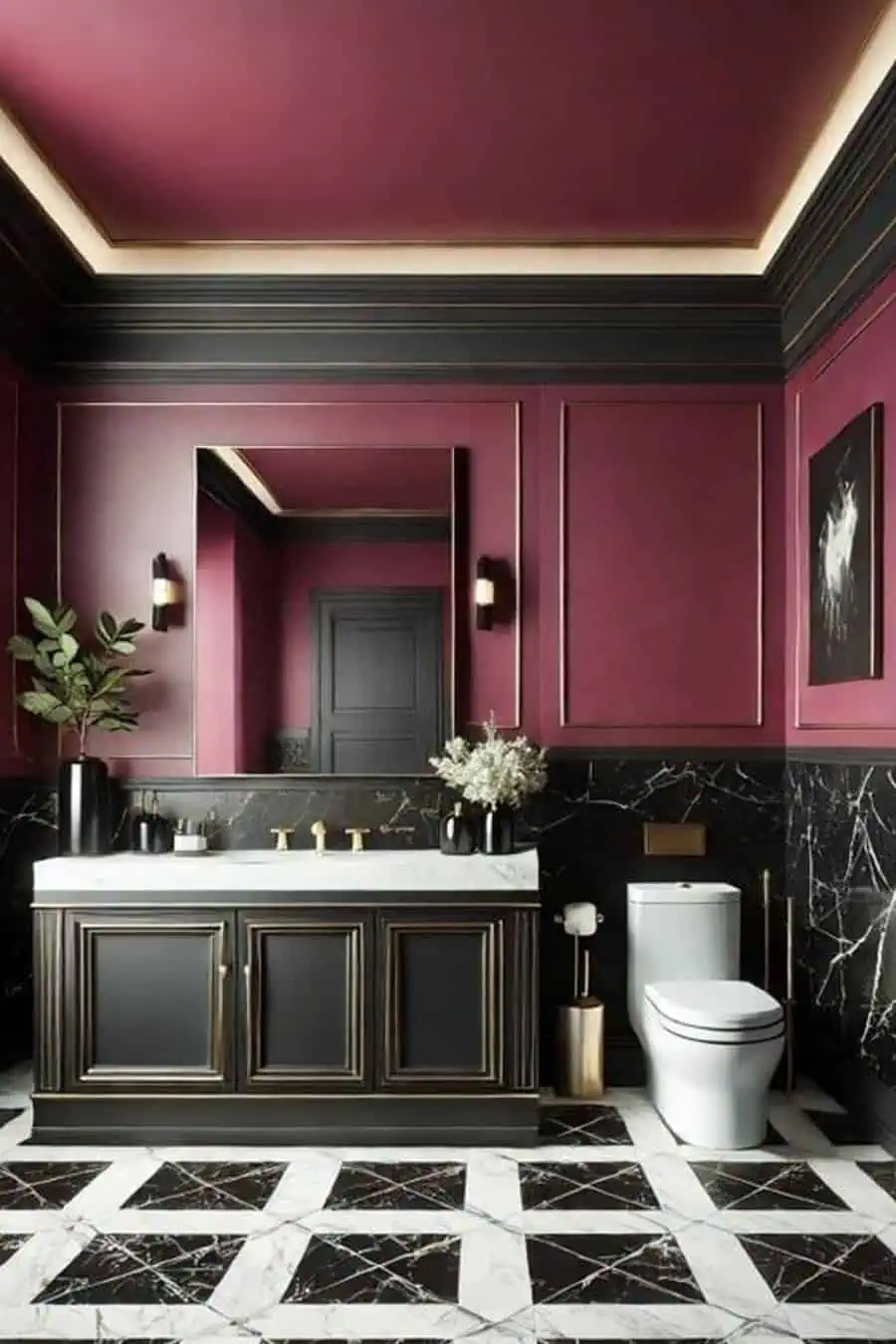 Luxurious bathroom with burgundy walls, black and white marble flooring, and elegant gold accents.