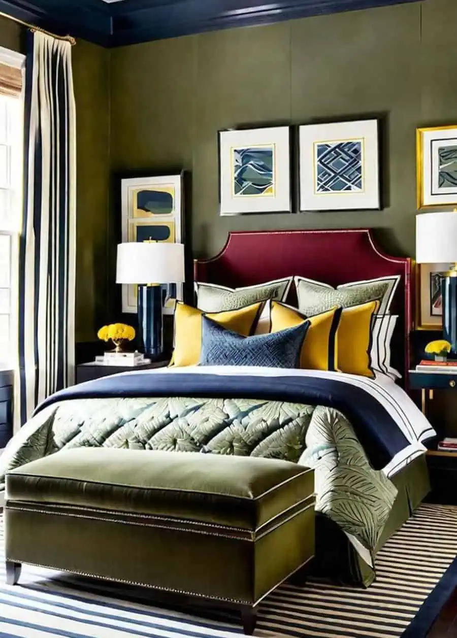 A stylish bedroom with a deep red headboard, green walls, patterned bedding, yellow and blue pillows, mirrored nightstands, and framed art above the bed.