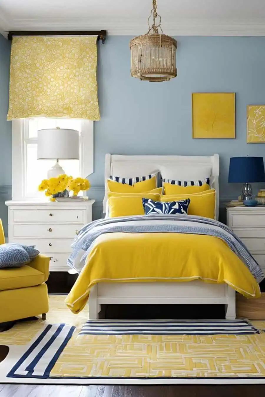 Bright bedroom with blue walls, yellow accents, white bed, and matching furniture