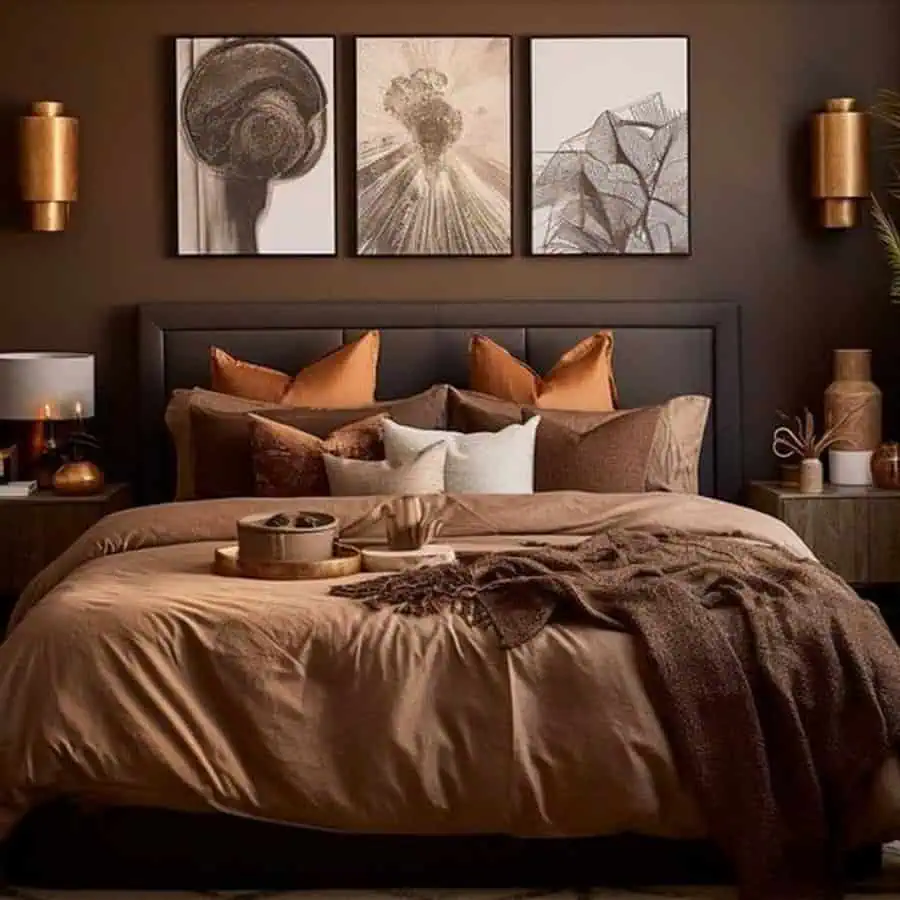 Stylish bedroom with brown and beige decor, abstract wall art above bed, and cozy throw blankets.