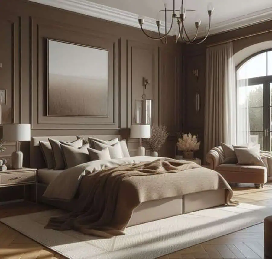 Elegant bedroom with neutral tones, plush bedding, chandelier, and large window with curtains.