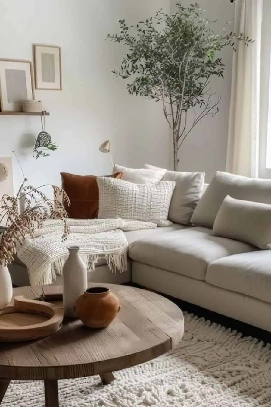 Cozy living room with a beige sofa, throw pillows, a knitted blanket, a round wooden coffee table, and potted plants