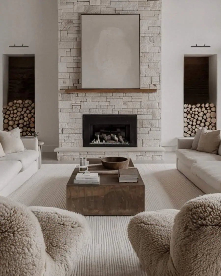 Cozy living room with a stone fireplace, wooden coffee table, two white couches, and two fluffy beige chairs