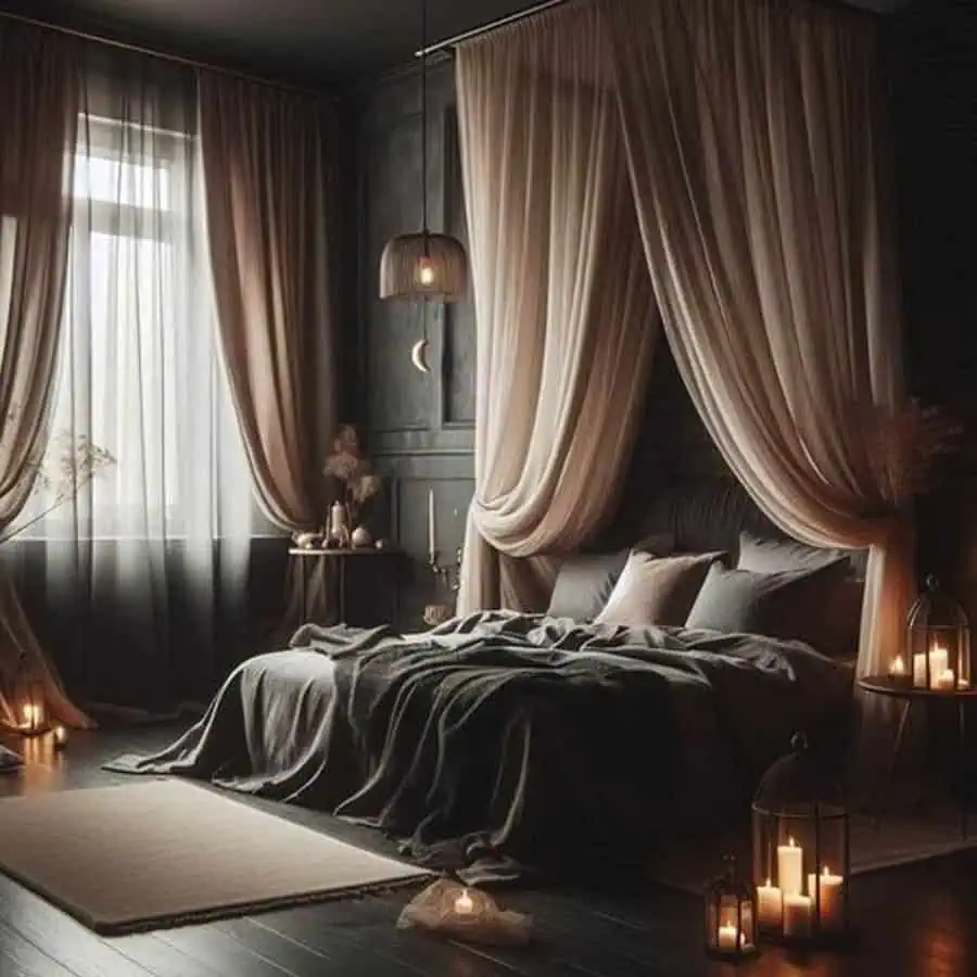 A cozy bedroom with dark walls, sheer curtains, a canopy bed, candles, and soft lighting creating a relaxing atmosphere