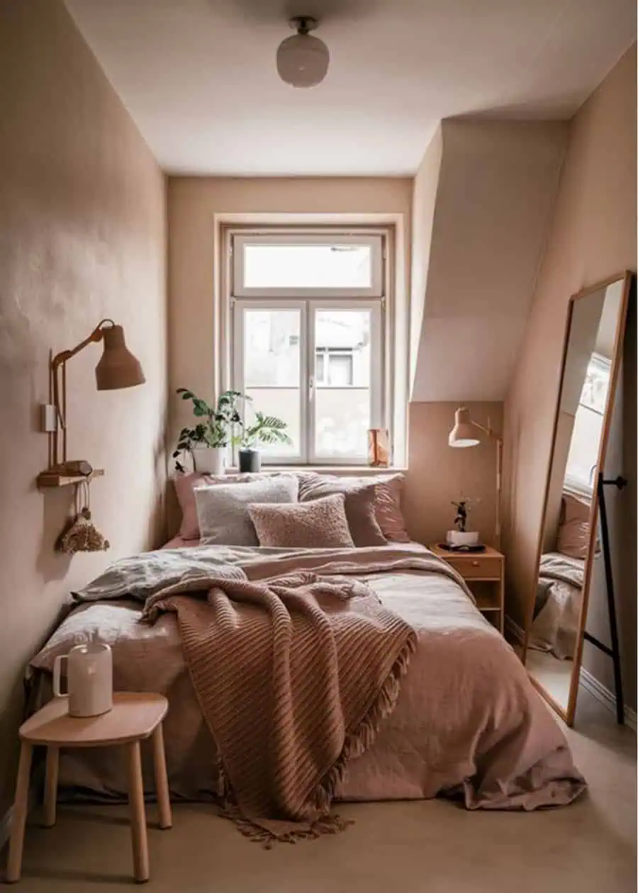 Cozy bedroom with a neatly made bed, bedside table, floor mirror, and a window letting in natural light.