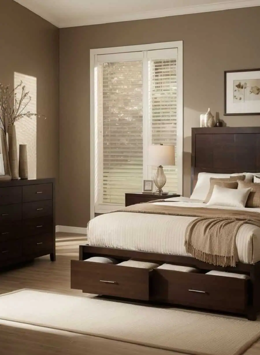 Modern bedroom with a dark wood bed, open drawers, dresser, window with blinds, and neutral decor.