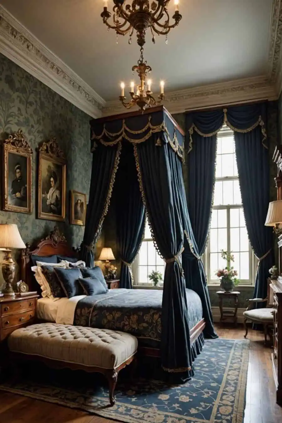 Luxurious bedroom with a canopy bed, elegant drapes, ornate chandelier, vintage portraits, and classic wood furniture