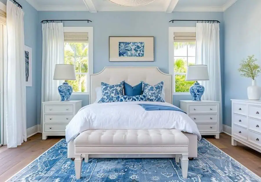 Elegant bedroom featuring blue walls, white furniture, and blue decorative accents