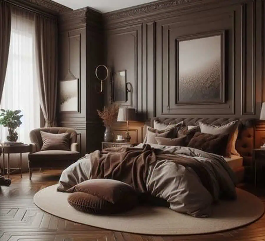 Luxurious bedroom with dark wood walls, sophisticated furniture, and cozy bedding in neutral tones.