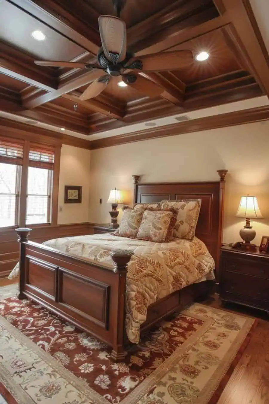 Elegant bedroom with wooden ceiling, ceiling fan, large bed, and warmly lit bedside lamps.