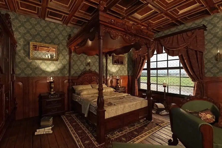 Elegant vintage bedroom featuring a wooden canopy bed, patterned wallpaper, large window, and classic furniture