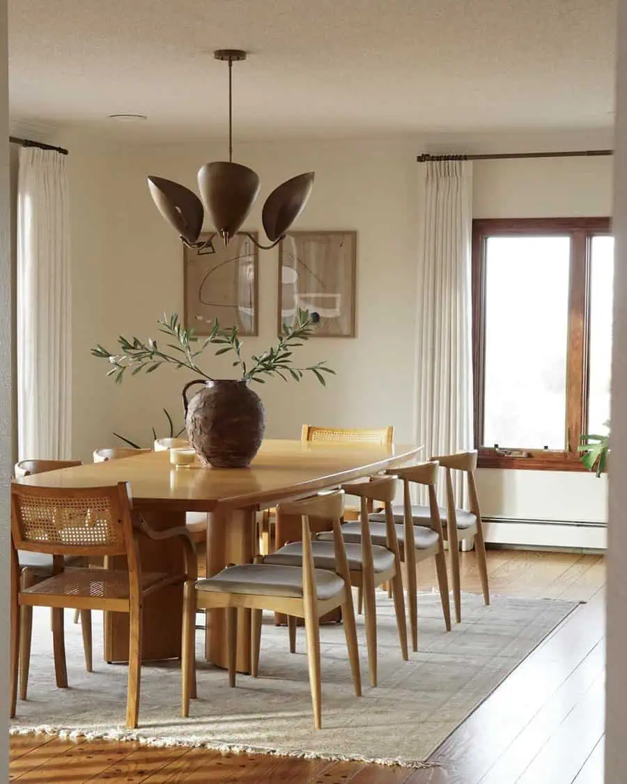 A dining room featuring a wooden table with six chairs, a potted plant centerpiece, and a modern chandelier