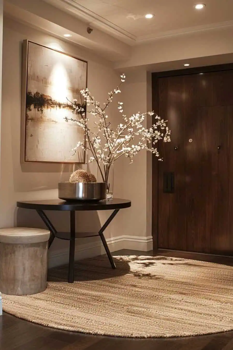 Entryway featuring a round table, a decorative branch in a vase, a round stool, wall art, and a wooden door in the background