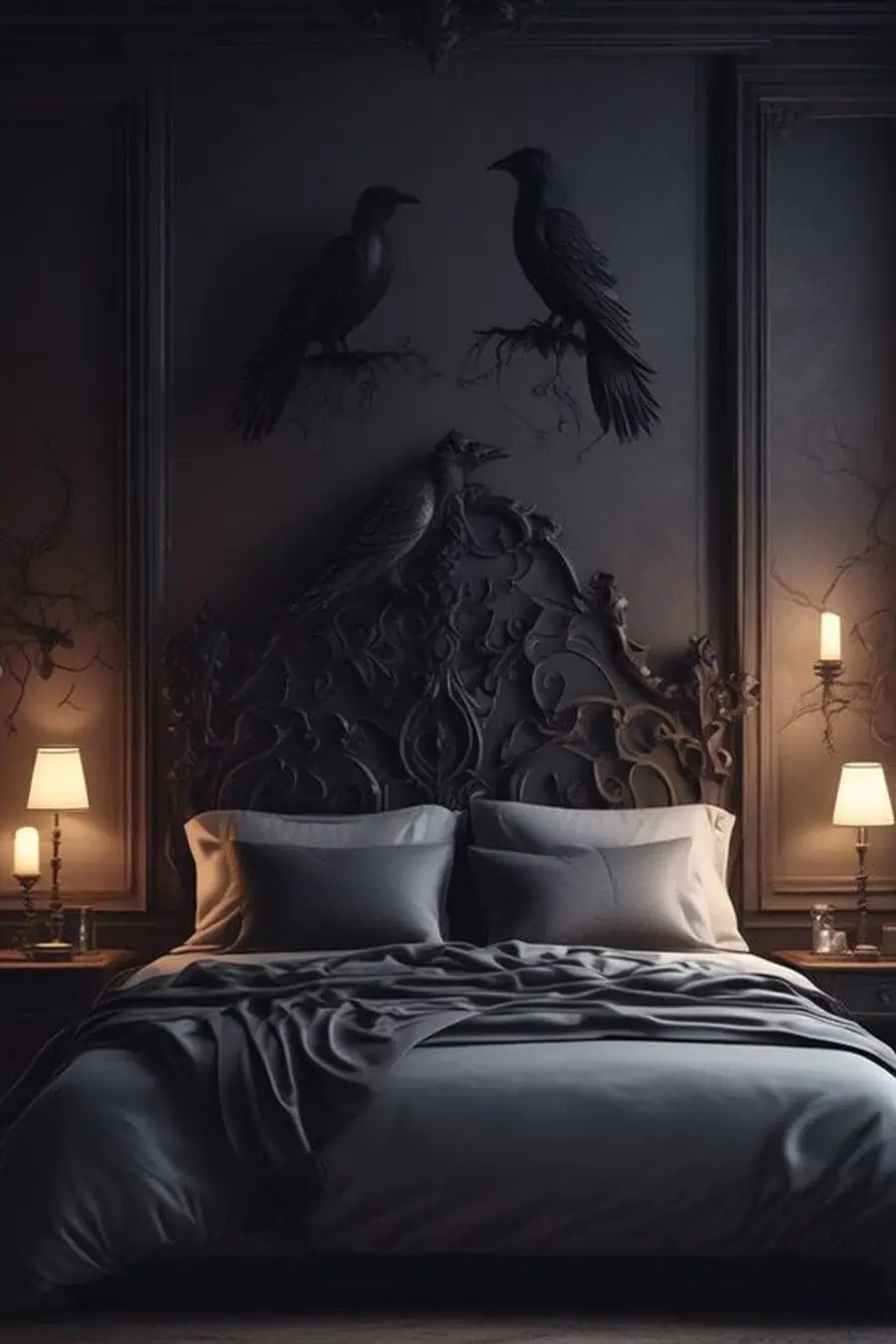 Gothic bedroom with crows on the wall, ornate headboard, grey bedding, and warm light from bedside lamps