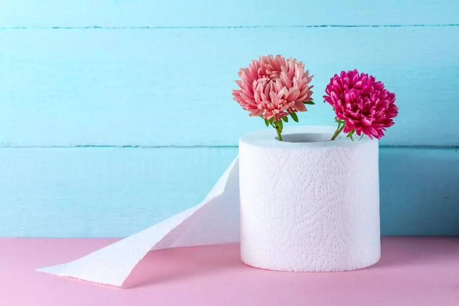 Toilet roll with two flowers inside, set against a blue wooden background