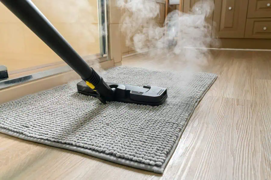 Steam cleaner on a grey rug in a modern kitchen, releasing steam