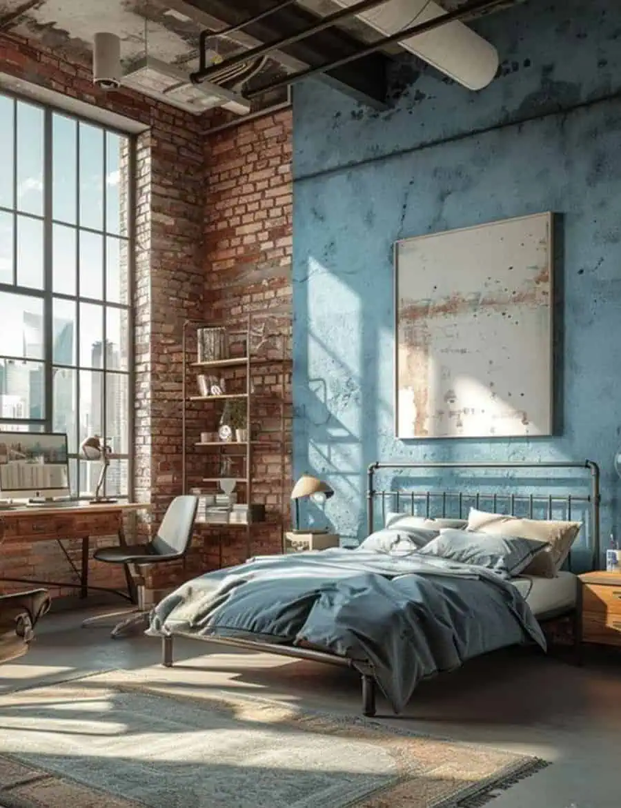 Industrial loft bedroom featuring brick walls, large windows, a blue accent wall, and modern decor