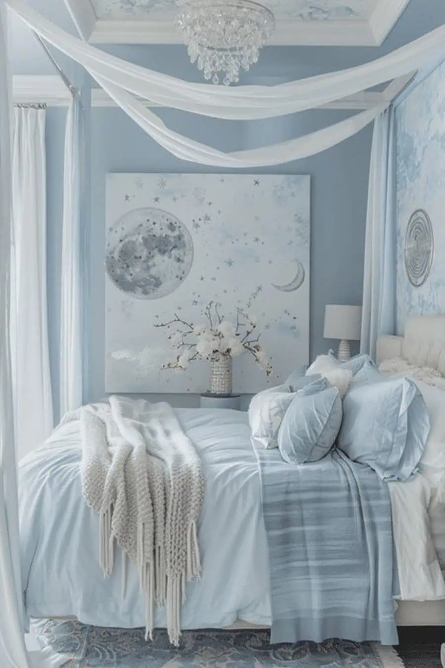 A serene bedroom with soft blue decor, canopy bed drapes, and moon-themed artwork