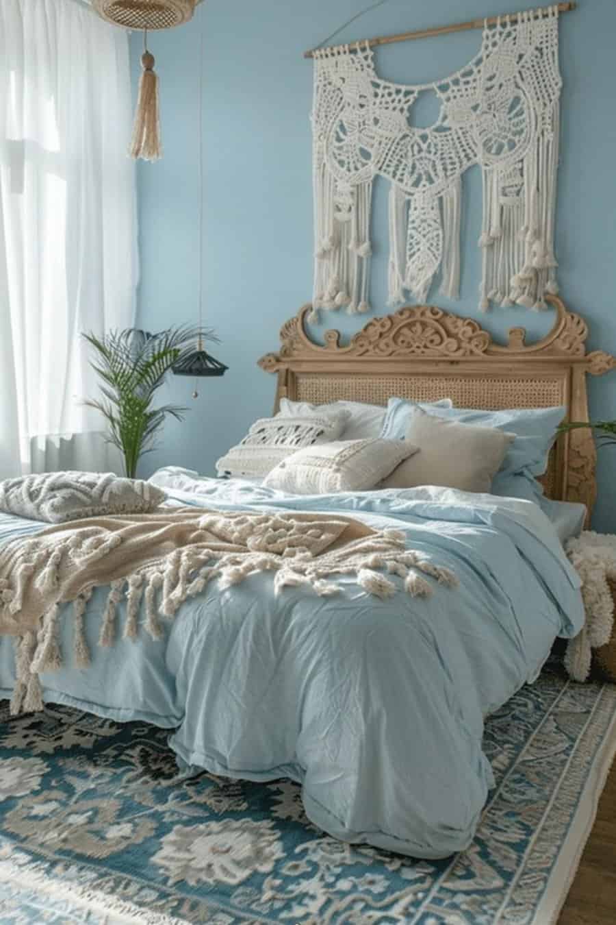 Bohemian-style bedroom with light blue bedding, crochet wall decor, and natural wood headboard