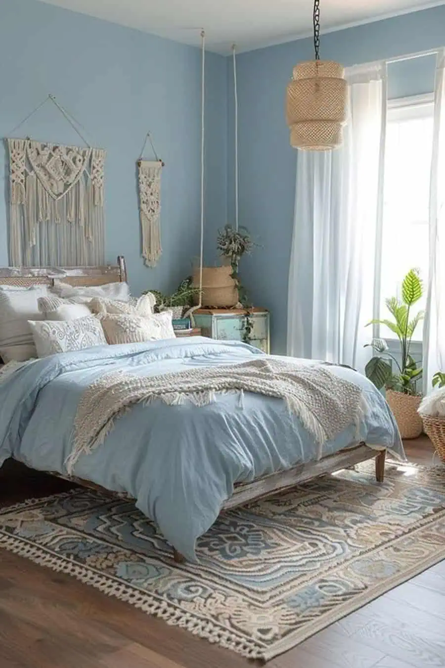 Cozy bedroom with blue walls, woven decor, hanging plant, and light streaming through curtains