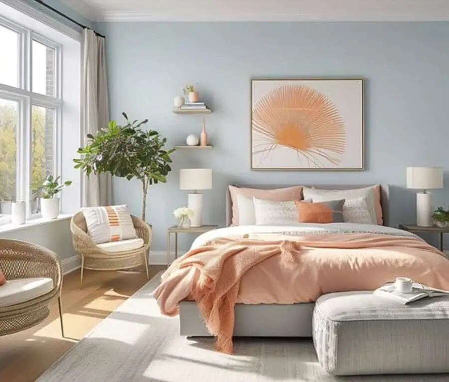 Bright bedroom with large windows, a bed with peach bedding, and plants on shelves and floor