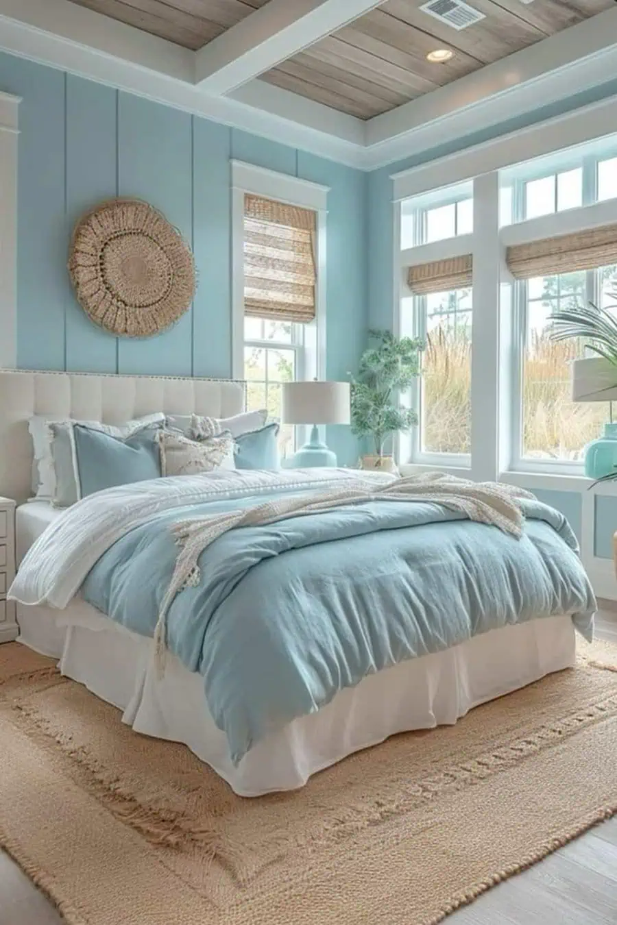 Cozy bedroom with blue walls, large windows, and a bed with light blue bedding