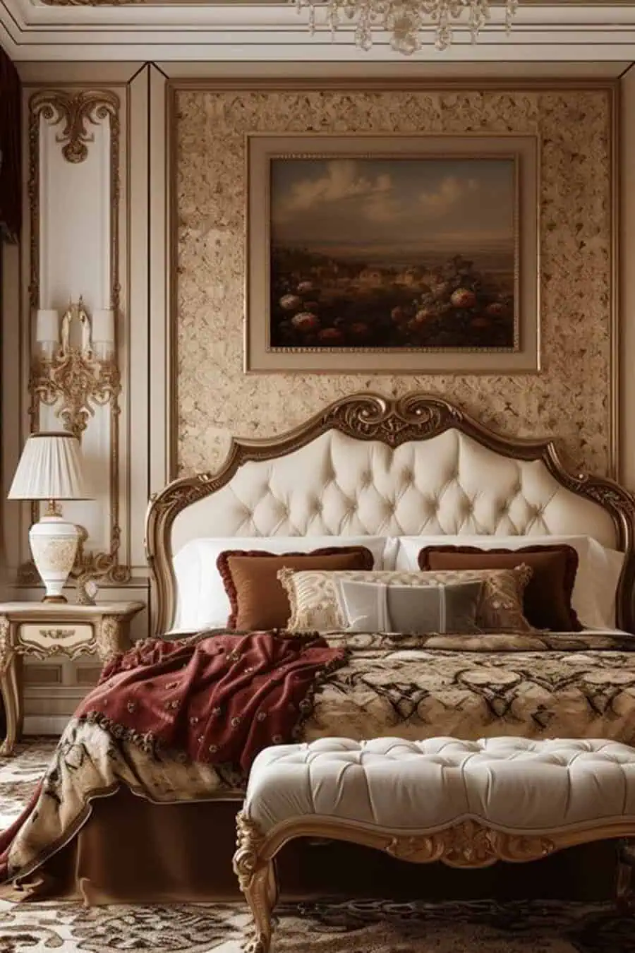 Elegant bedroom with ornate furniture, tufted headboard, vintage bedside lamps, and framed landscape painting on the wall