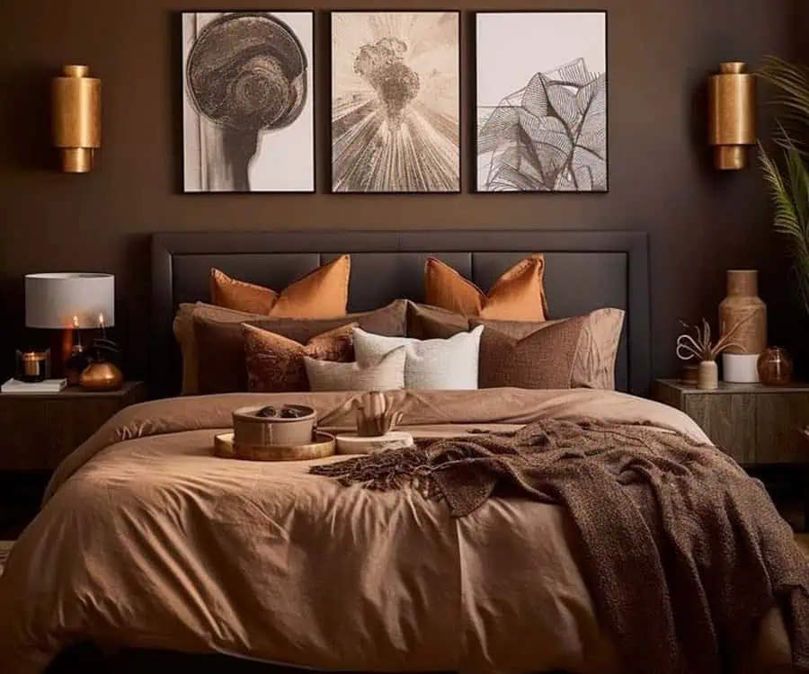 Elegant bedroom with brown and gold accents, abstract art above the bed, and cozy bedding.