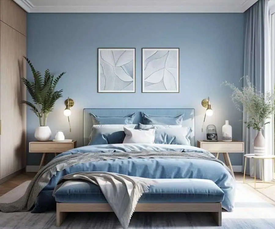 Blue-themed bedroom with a modern design, featuring a double bed and decorative plants