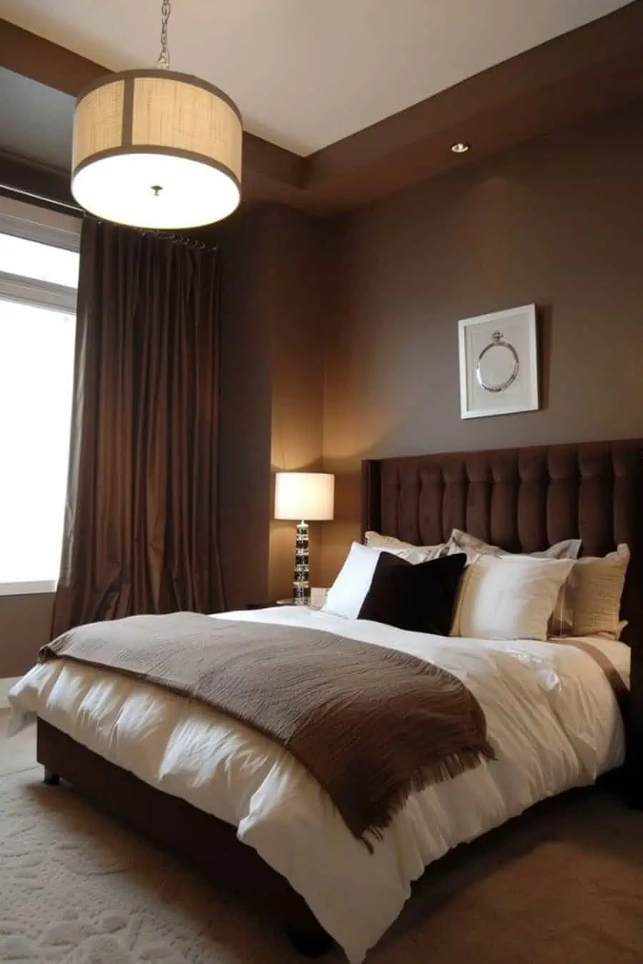 A cozy bedroom with a large bed, brown headboard, brown curtains, and modern decor.