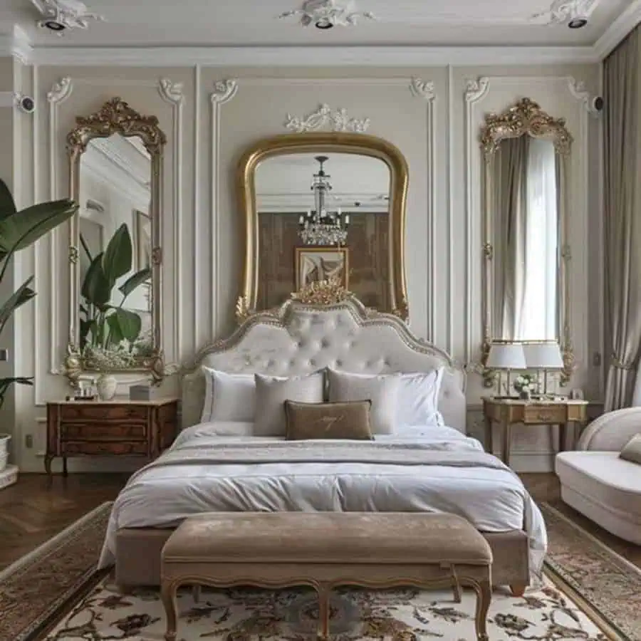 Luxurious bedroom with ornate mirrors, tufted headboard, plants, and elegant furniture