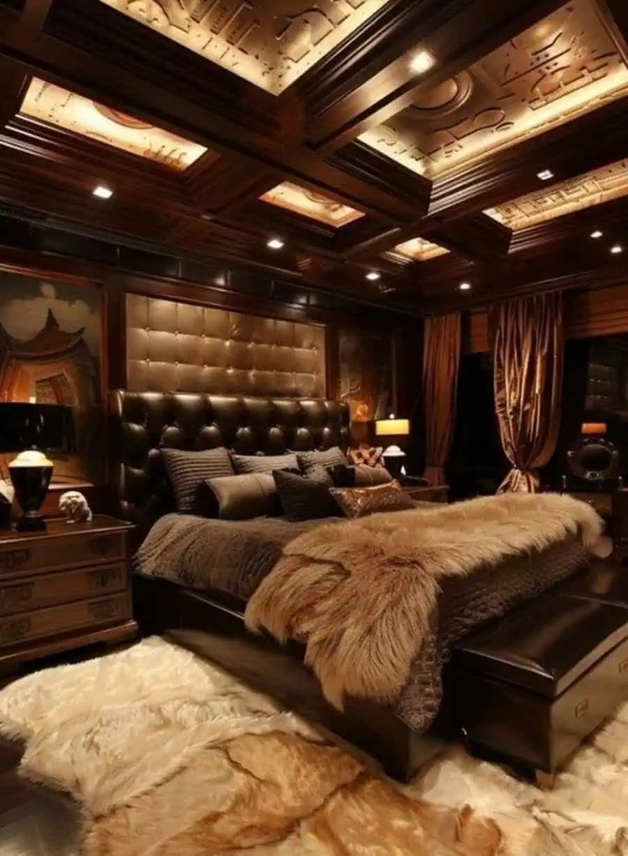 Luxurious bedroom with dark wood paneling, fur bedding, and ceiling featuring intricate designs.