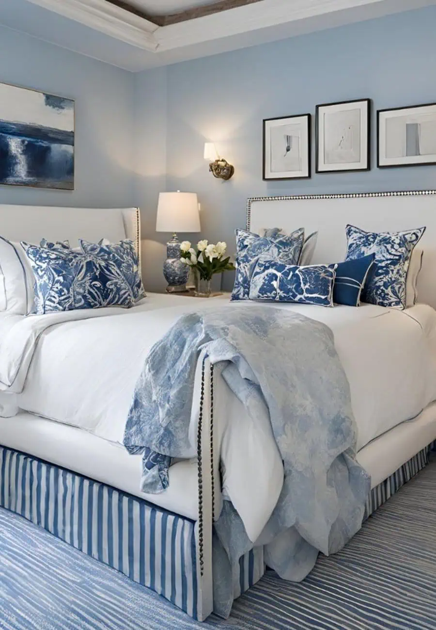 Cozy bedroom with blue and white decor including pillows, bedding, and framed wall art