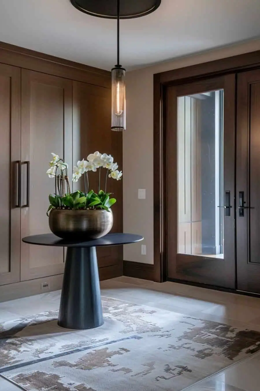 A modern entryway with a wooden door, a round black table with a potted orchid plant, and a hanging pendant light