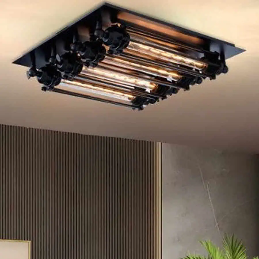 A modern ceiling light fixture with exposed bulb design mounted on a flat ceiling