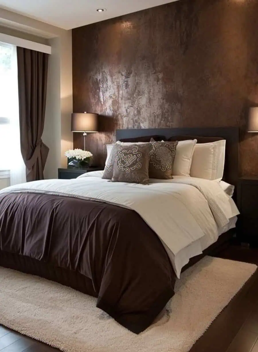 Modern bedroom with brown accent wall, neatly made bed, and elegant bedside lamps.