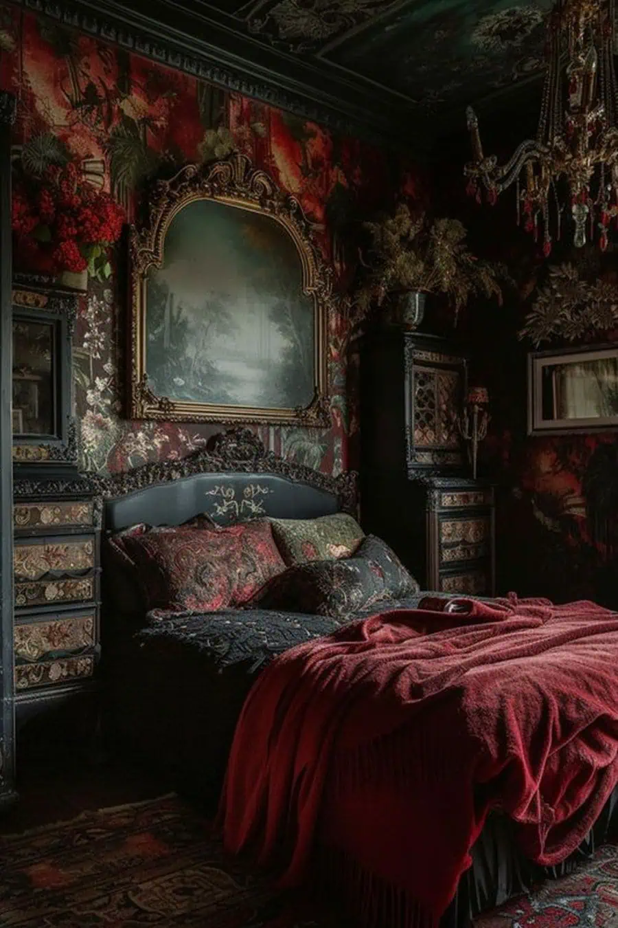 A dark, gothic bedroom with ornate decor, a large wall art, floral patterns, and a bed with red and black bedding