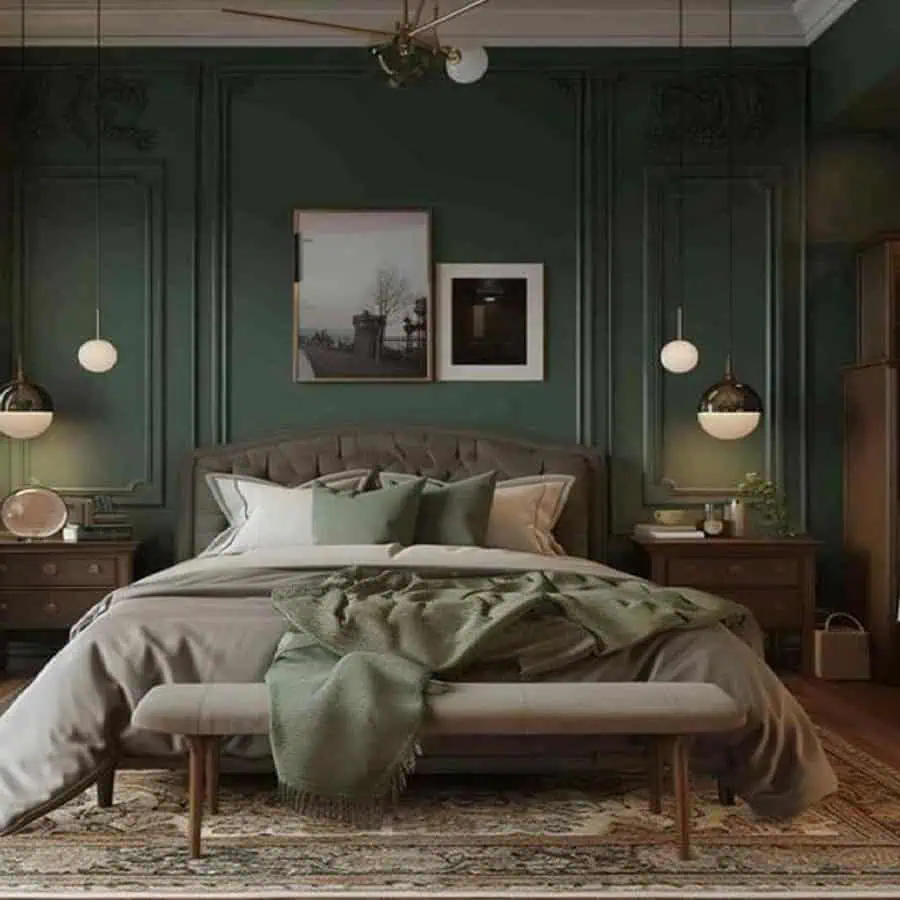 Elegant bedroom with dark green walls, a gray upholstered bed, cushions, a wooden bench, and pendant lights