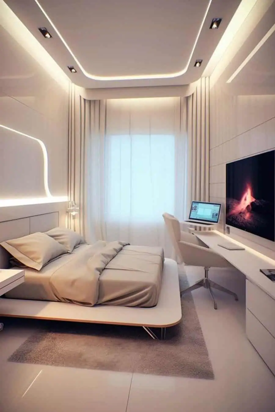 Futuristic bedroom with sleek furniture, ambient lighting, a modern bed, and a workspace with a large screen.